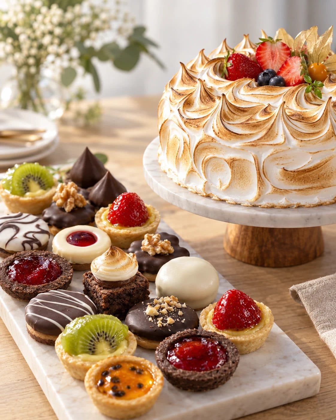 Torta merengada y bocaditos dulces de elaboración propia
